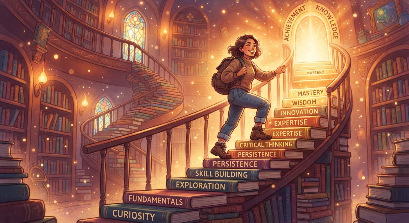 Человек поднимается по лестнице из книг