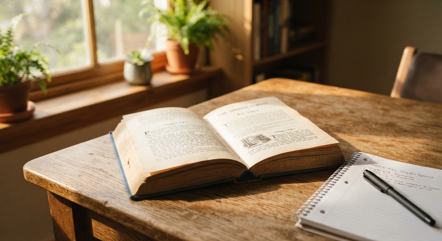 Открытая книга на деревянном столе при солнечном свете